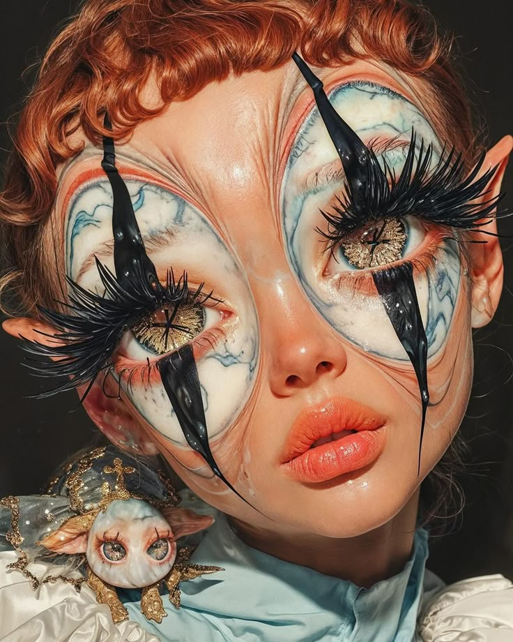 a woman's face is decorated with fake eyelashes and eyeliners as she poses for the camera