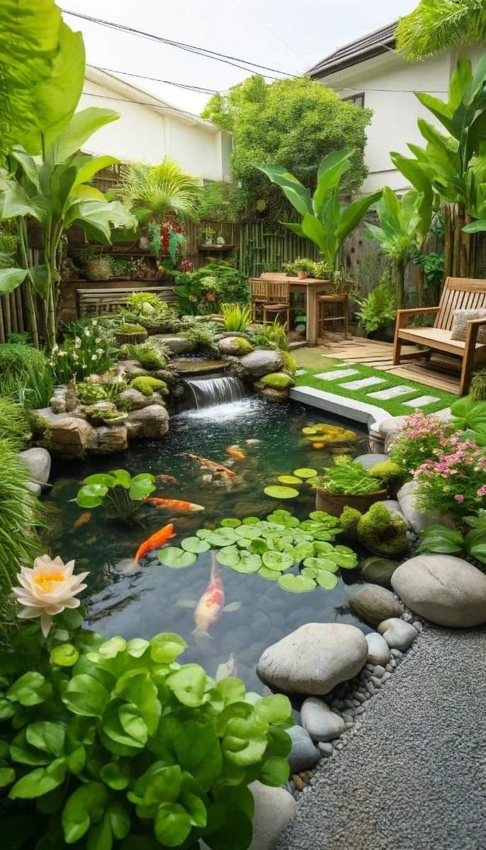 a small pond in the middle of a garden