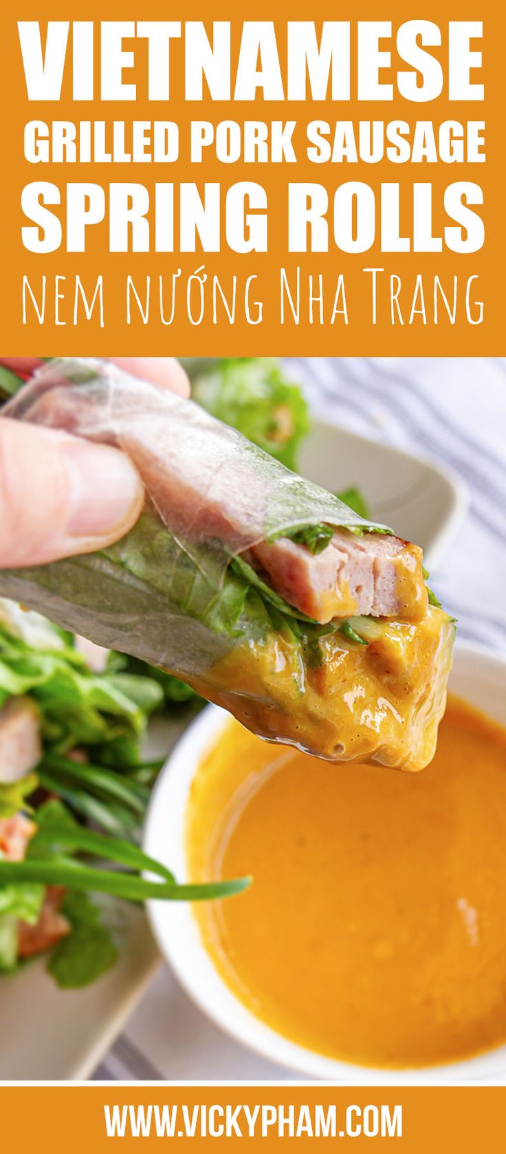 vietnamese grilled pork sausage spring rolls with nourishment in a bowl and dipping sauce