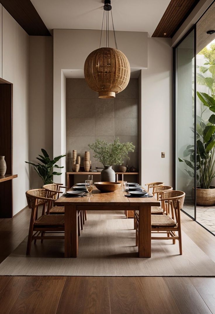 a dining room with wooden chairs and a large table in the center, surrounded by potted plants