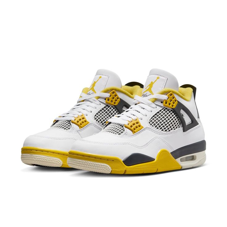 The Women’s Air Jordan 4 'Vivid Sulfur' makes a triumphant return with a charged colorway. Its crisp white leather upper serves as a clean canvas, allowing vibrant pops of Vivid Sulfur and Anthracite to shine. The design language harks back to its '89 hoops origins, complete with the iconic Jumpman tongue logo, netting on the quarter and tongue panels, and customizable “wings” for laces. Whether you’re dressing up or keeping it casual, this AJ4 is the perfect off-court flex. The shoe features a two-tone midsole with an exposed Air-sole unit inside the heel. Jordan 4s Shoes, Military Black Jordan 4, Black Cat Jordan 4, Retro Jordan 4, Jordan 4 Military Blue, Nmd Adidas, Air Jordan 8, Jordan 4 Red, Air Jordan 10