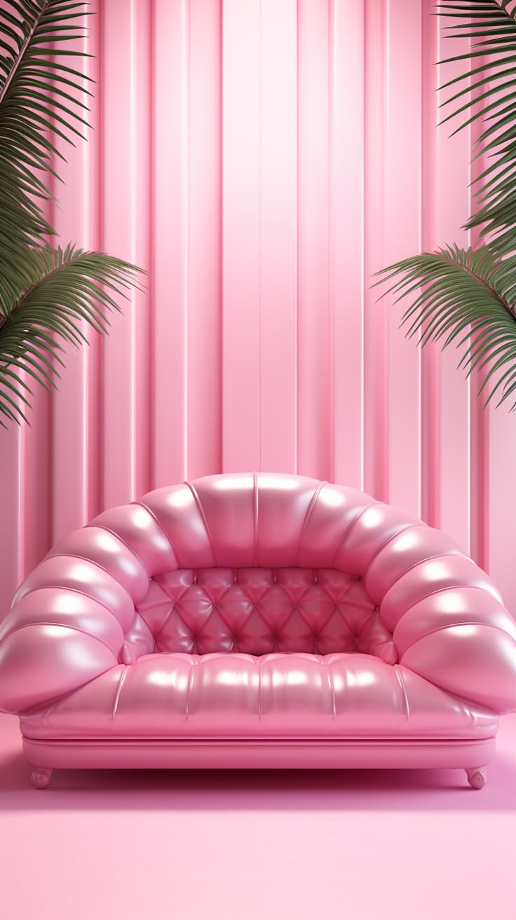 a pink couch sitting next to a palm tree in front of a pink striped wall