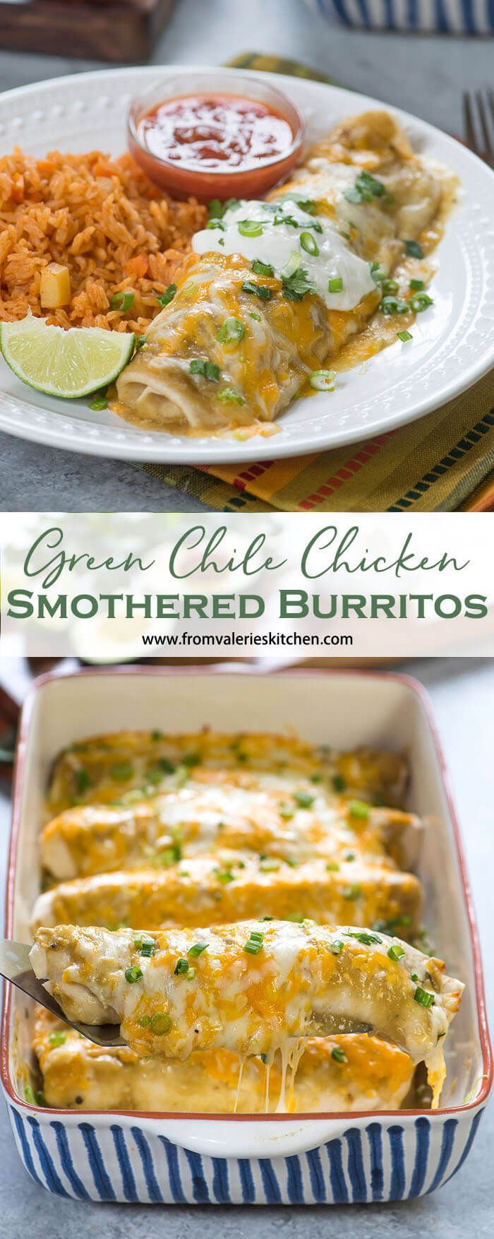 green chile chicken smothered burritos in a casserole dish with rice and salsa