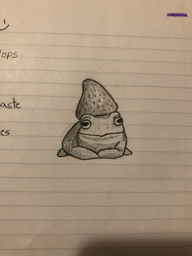 a drawing of a frog sitting on top of a piece of paper with writing underneath it