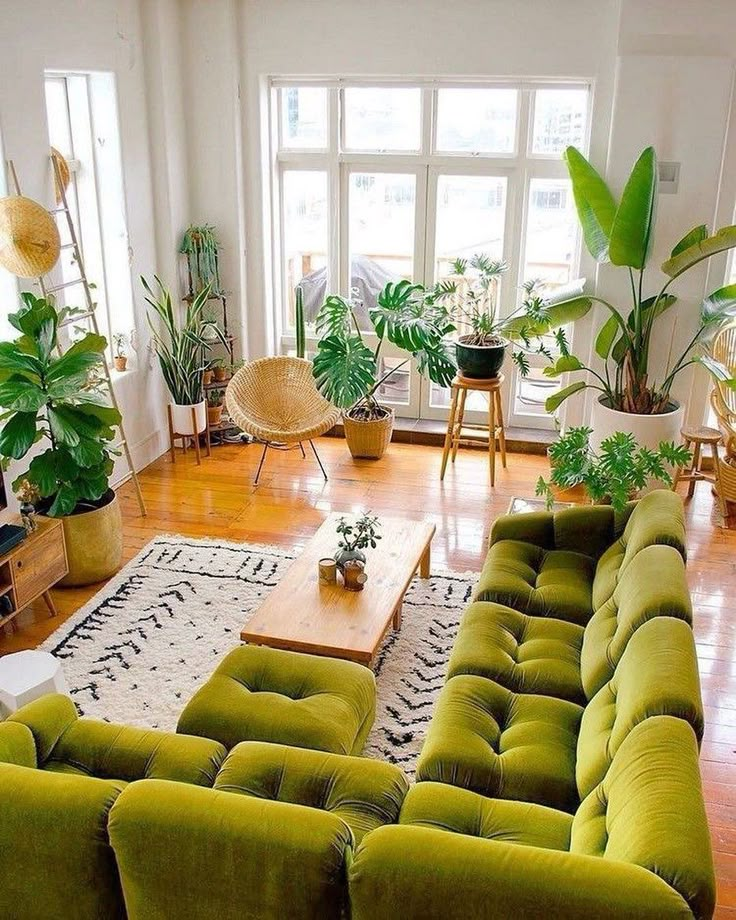 a living room filled with lots of green furniture