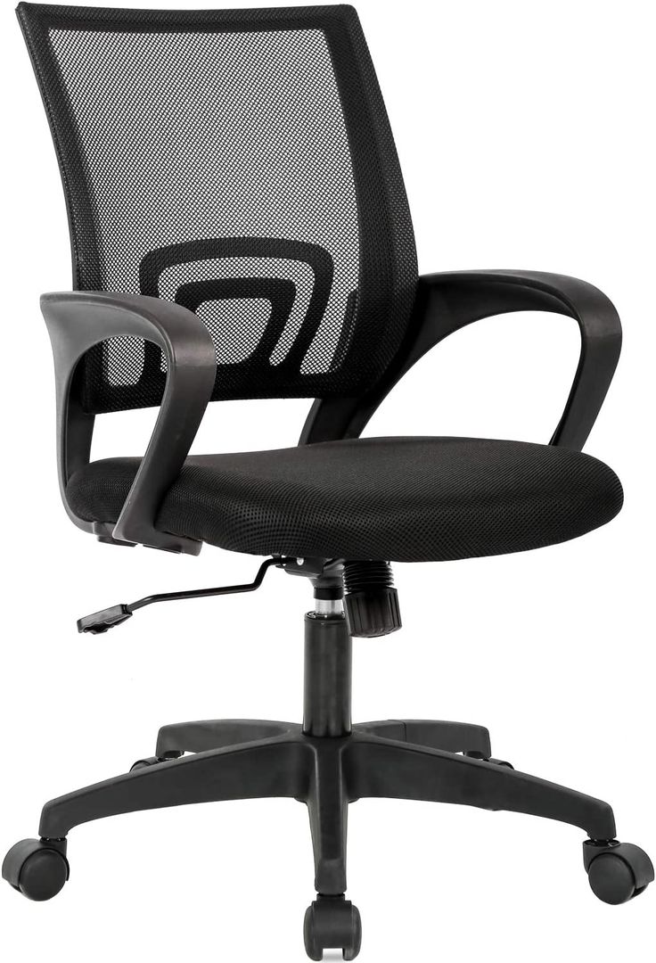 an office chair with black mesh back and arm rests on casteor wheels, viewed from the front