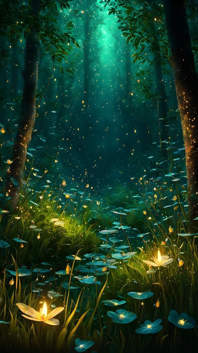 a forest filled with lots of green plants and glowing stars in the sky above it