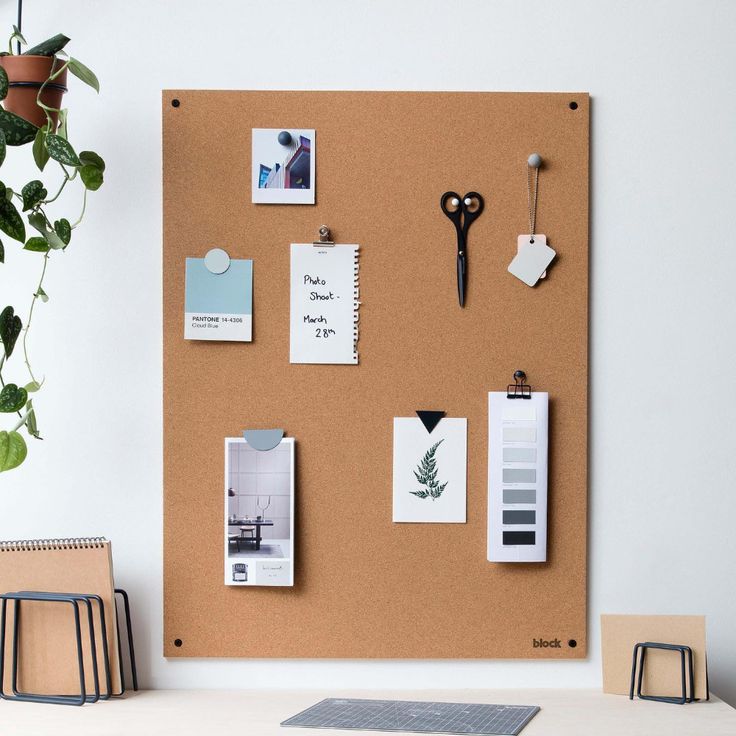 a cork board with magnets and pictures on it next to a potted plant