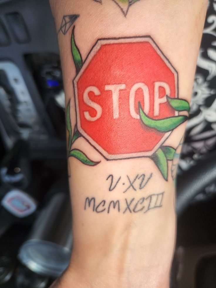 Red Stop Sign tattoo Stop Sign Tattoo, Sign Tattoo, Stop Sign, Beverage Can, Signs, Tattoos, Pins