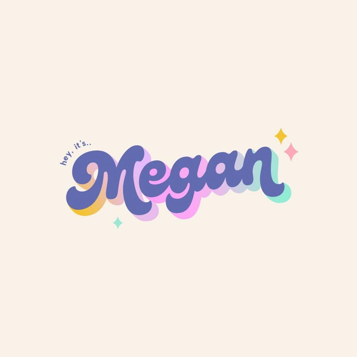 the word megan written in purple and blue with stars around it on a pink background