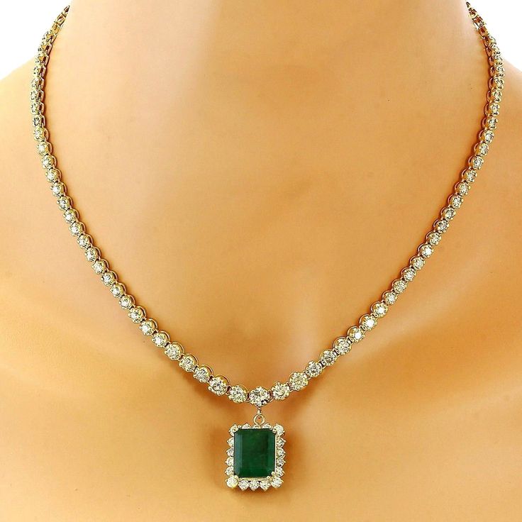 13.80 Carat Natural Emerald 14K Solid Yellow Gold Diamond Necklace - Fashion Strada Emerald And Diamond Necklace, Emerald Eternity Ring, Green Stone Pendant, Diamond Pendant Jewelry, Gold Drop Necklace, Bridal Necklace Designs, Green Stone Necklace, Necklace With Pendant, Diamond Necklace Designs