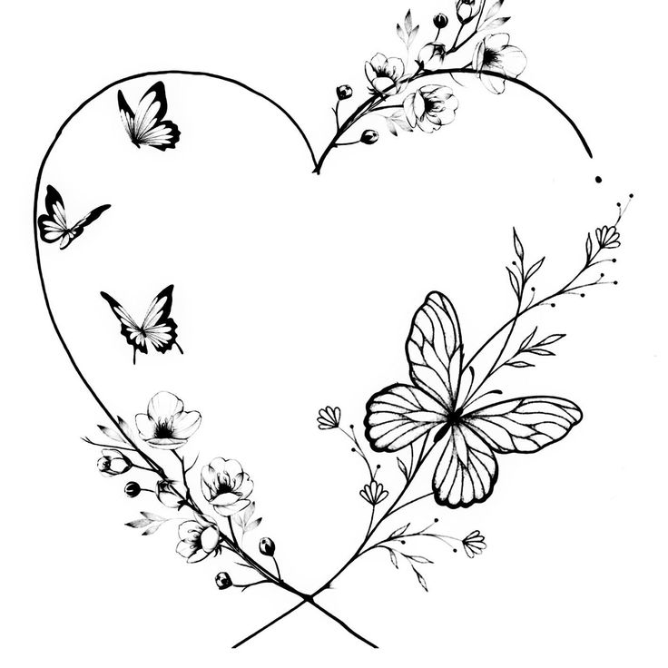 a heart with flowers and butterflies on the side, drawn by hand in black ink