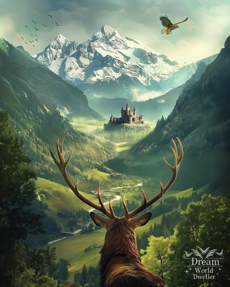 a deer with antlers looking at a castle in the distance and birds flying over it