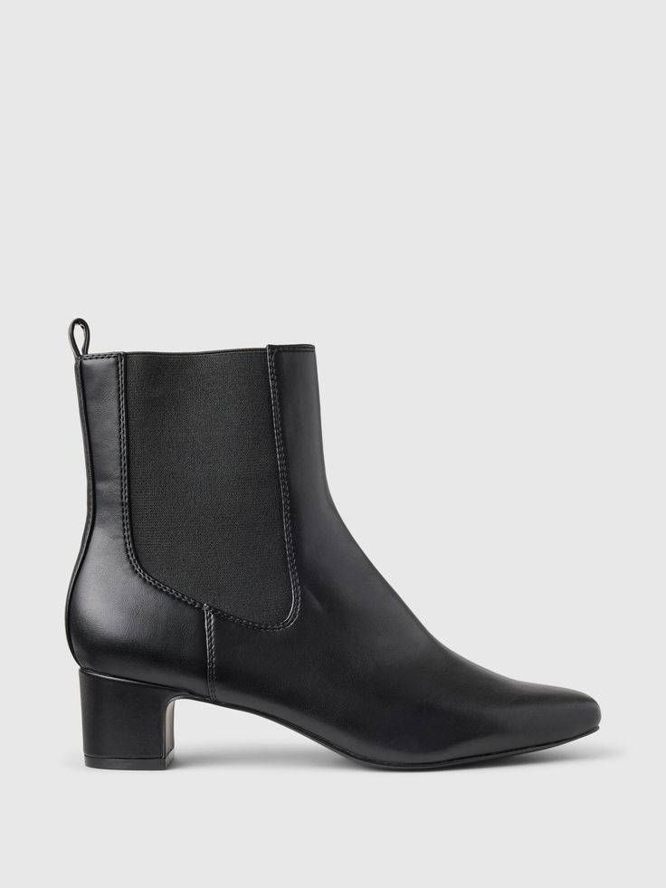 These ankle boots are made with a smooth vegan leather upper.  Elasticized sides.  Pointed toe.  Heel height: 2" 5 cm. ) For more fit and sizing info, check out our Size Guide. Black Booties Outfit, Booties Outfit, Black Booties, Leather Ankle Boots, Low Heels, Size Guide, Vegan Leather, Gap, Heel Height