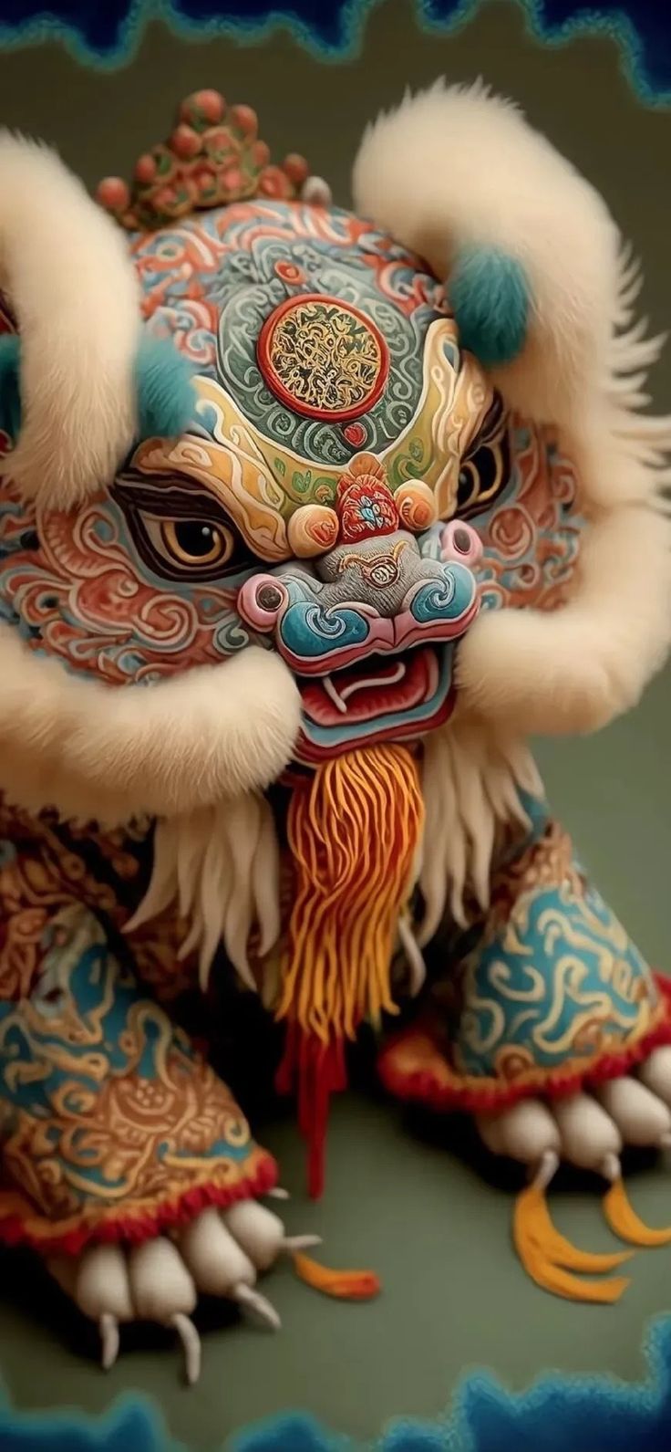 an elaborately decorated lion statue sitting on top of a green surface with blue and red accents