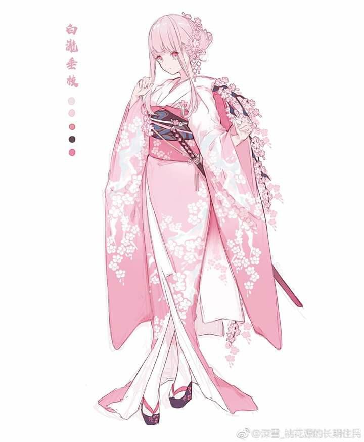 an anime character dressed in pink and holding a flowered shawl over her shoulder