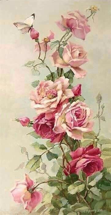 a painting of pink roses in a vase with a butterfly on the wall behind it