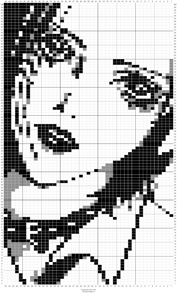 a cross stitch pattern with a woman's face in black and white