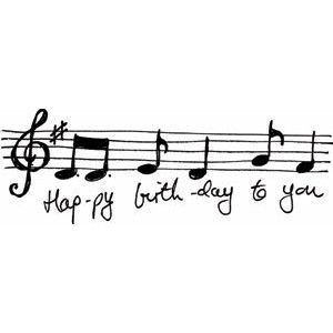 a musical note with the words happy birthday to you written in black ink on a white background