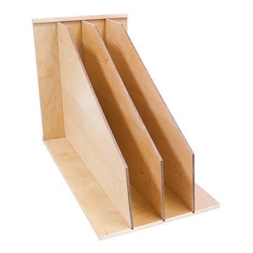 a wooden shelf with three sections cut out