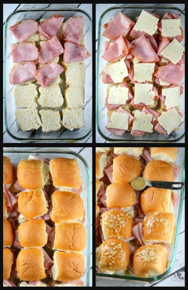 four pictures show how to make ham and cheese sliders in glass baking pans