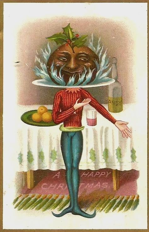 an old fashioned christmas card shows a man holding a plate with fruit on it