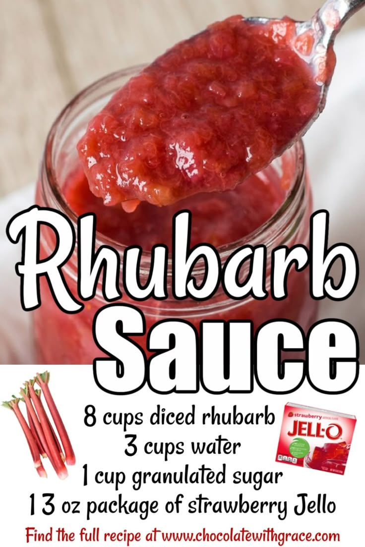 rhubarb sauce in a glass jar with a spoon full of it and the recipe below