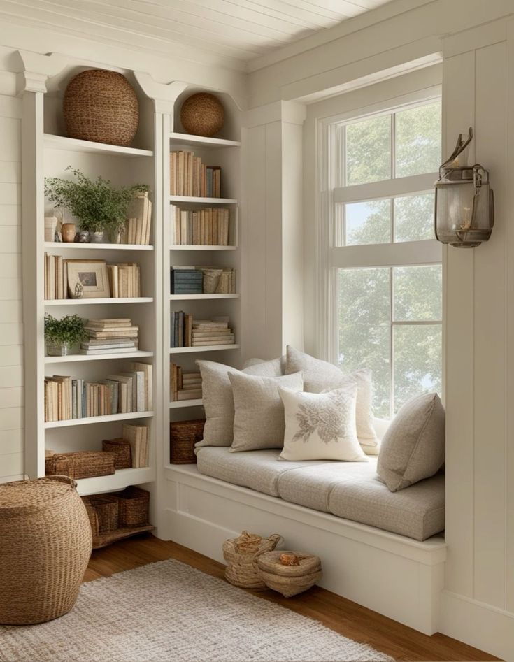 Living Room With Reading Nook Layout, Cozy Cottage Reading Nook, Modern Farmhouse Reading Nook, Built In Reading Nook In Bedroom, Cozy Bedroom Reading Nook, Small Home Library Aesthetic, Cottage Reading Nook, Reading Nook Room, Open Plan Living Room Ideas