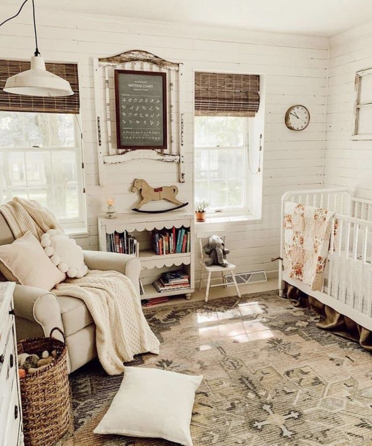 a baby's room is decorated in neutral colors