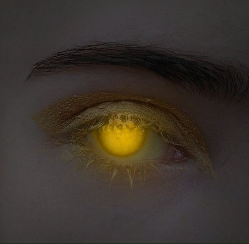 a person's eye with yellow light reflected in it