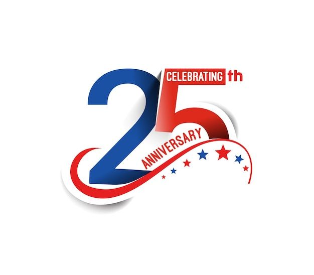 the 25th anniversary logo for celebrating 25 years with stars and swirls in red, white, and blue