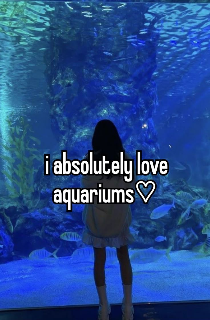 a girl standing in front of an aquarium with the words i absolutely love aquariums