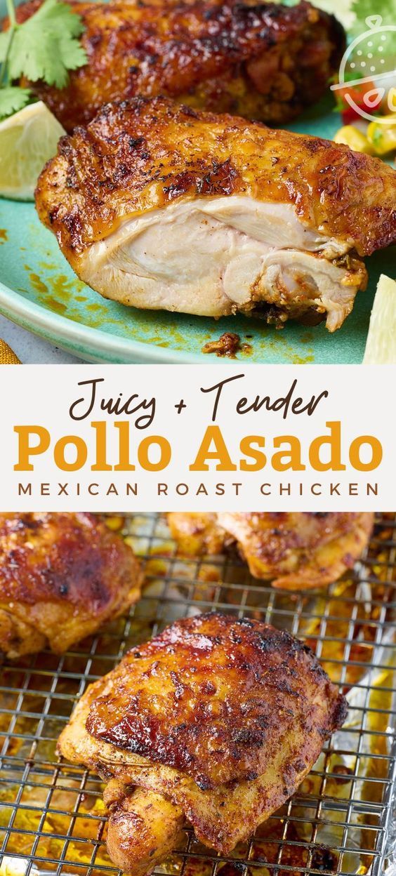 grilled chicken on a grill with text overlay that reads juicy tender pollo asado mexican roast chicken