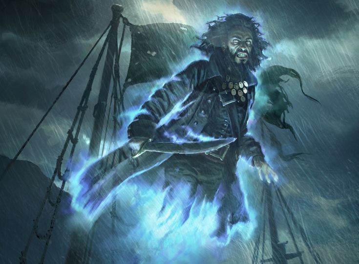 a painting of a man on a boat in the water with lightning coming out of his mouth