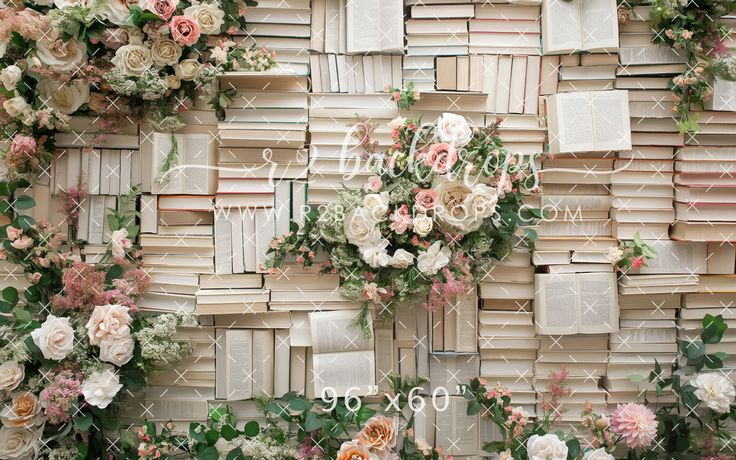 the wall is covered with books and flowers