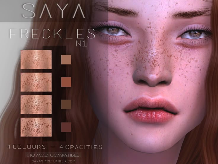 a woman's face with freckles on it and four color swatches