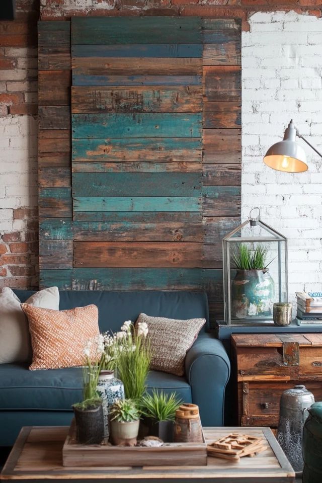 a living room filled with furniture and wooden planks on the wall behind it is a blue couch