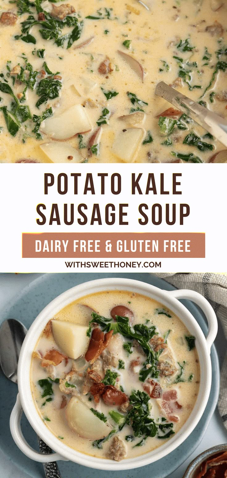 potato kale sausage soup in a white bowl on a blue plate with spoons