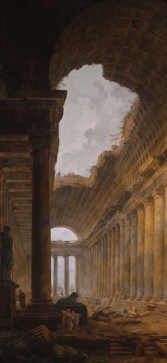 an old painting with columns and people in it