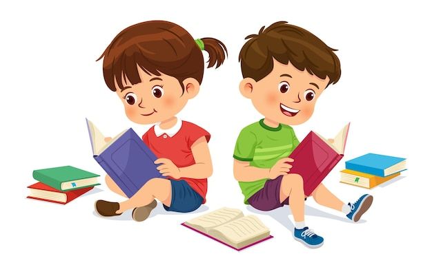 two children sitting on the floor with books in their hands and one is holding an open book