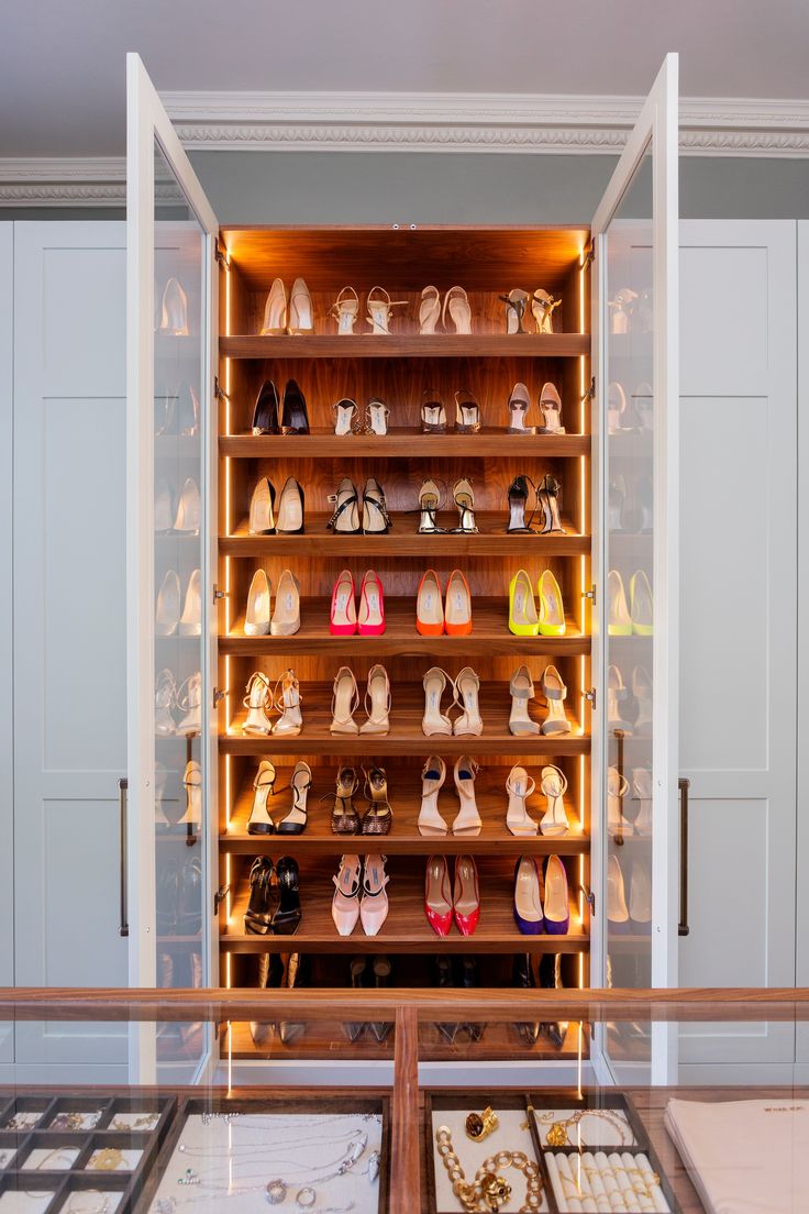 there are many pairs of shoes in the closet