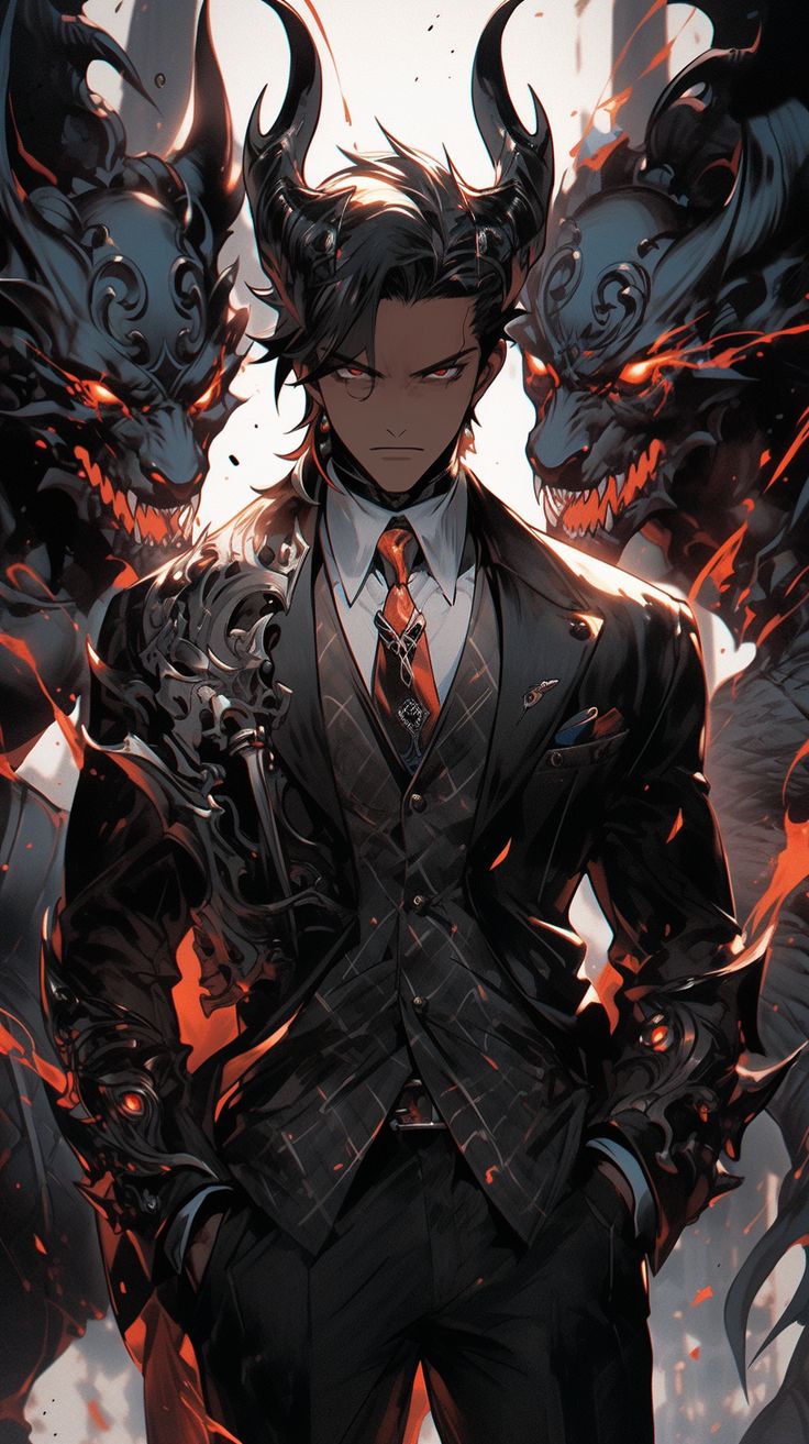 a man in a suit and tie with horns on his head standing next to two demonic creatures