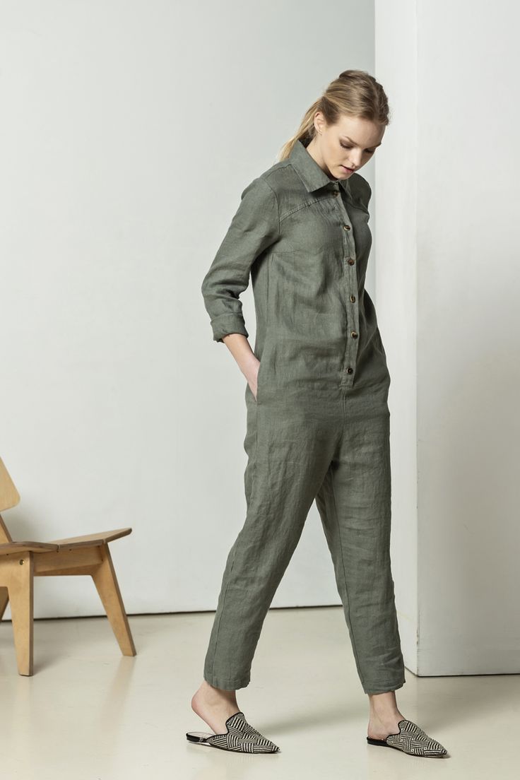 Natural linen, eco friendly and super comfy turtle green jumpsuit with buttons. Long sleeves are great for springs and summer evenings.   #casualjumpsuit #streetstyle #stylishjumpsuit #naturallinen #naturalmaterial #ecology #buttons #jumpsuitwithpockets #sustainablefashion Casual Linen Jumpsuits And Rompers For Work, Casual Linen Long Sleeve Jumpsuits And Rompers, Linen Jumpsuits And Rompers With Pockets For Work, Linen Jumpsuits And Rompers With Pockets, Relaxed Fit Linen Overalls With Pockets, Spring Linen Overalls With Relaxed Fit, Spring Linen Overalls, Linen Overalls With Pockets, Casual Linen Jumpsuits And Rompers With Buttons