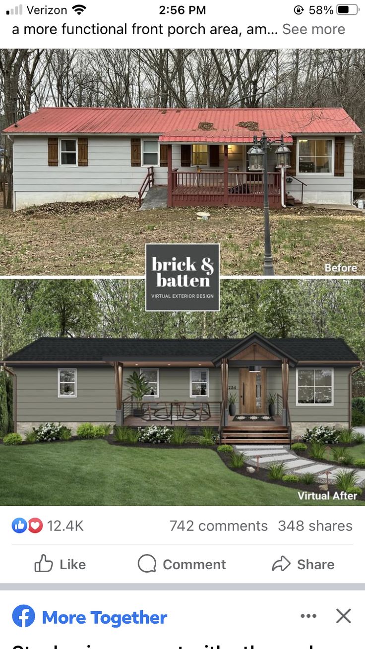 the before and after pictures of a mobile home in front of a brick and baton sign