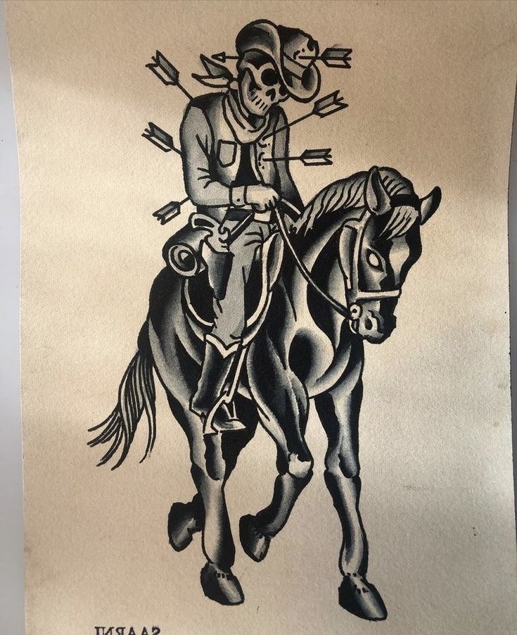 a drawing of a man riding on the back of a horse with arrows above his head