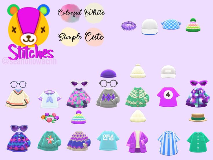 an assortment of clothing and hats for children on a purple background with the words shinches super cute