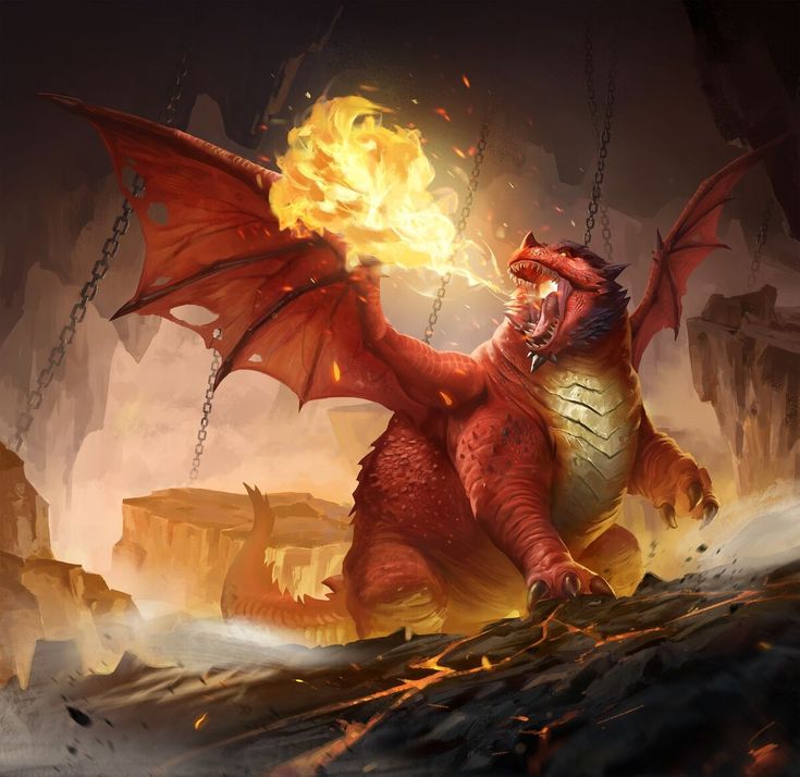 a red dragon with yellow fire on its back