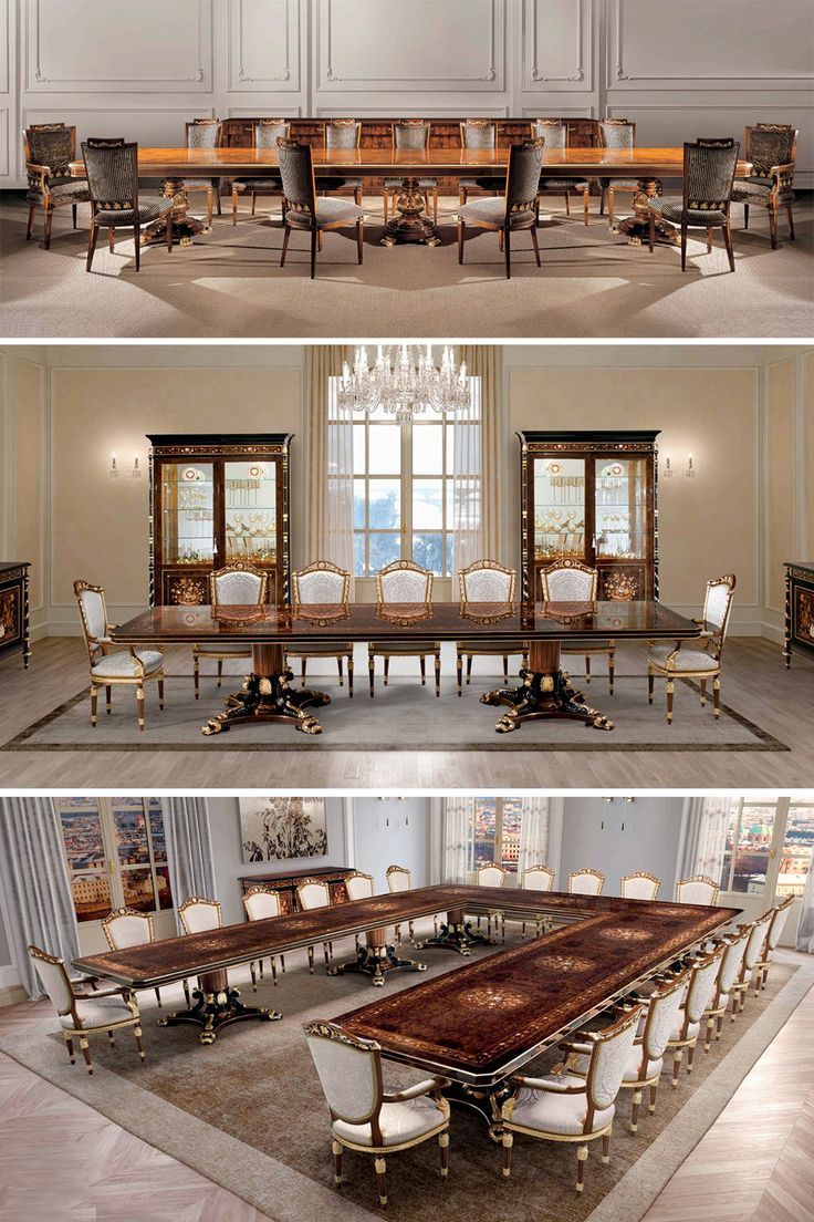 the dining room table and chairs are all made out of wood, with gold trimmings