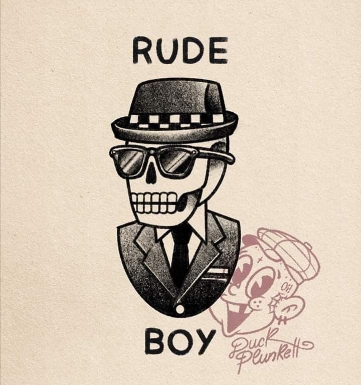 a drawing of a skull wearing glasses and a hat with the words rude boy on it