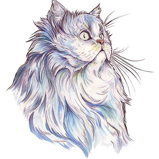 a watercolor drawing of a cat's head with blue eyes and whiskers